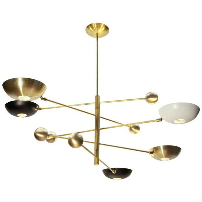 Orbitale Brass Chandelier 5 Rotating Balanced Arms, Stilnovo Style, Brass Shades