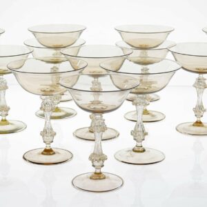 Rare Set of 12 Classic Cenedese Fume and Gold Champagne Glass . Unique