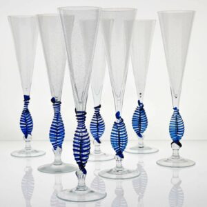 Set 7 Cenedese Ballerina Flutes, Cobalt bead and pulegoso Murano Glass, Signed