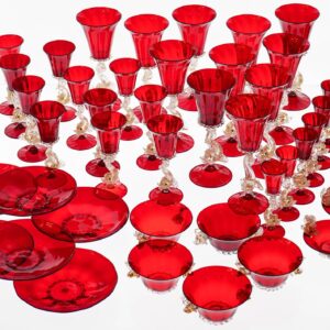 Unique Luxury 44 pieces Murano Glass Set, A.Ve.M Gold Dophins and Ruby Red, 50s