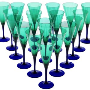 Set of 18 Signed Murano Cenedese Flutes. Green and Cobalt glass sfumato.