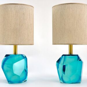 Heavy Faceted pair of Table Lamps, Aquamarine Murano Glass , Maestro Collection