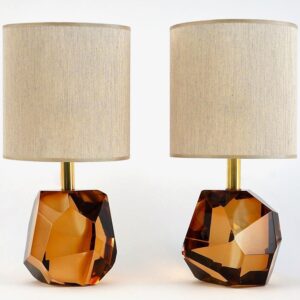 Heavy Faceted pair of Table Lamps, Murano Glass Tobacco Color Maestro Collection
